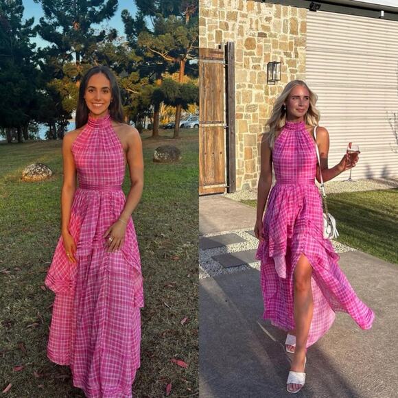 Aje Dresses & Skirts - Aje Bungalow Sienna Gingham Halter Neck Maxi Dress Gown Pink AU Size 6 US Size 2